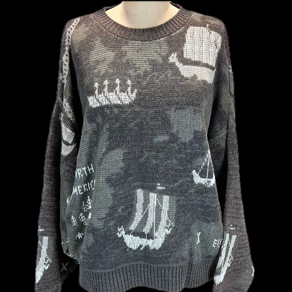 VINTAGE Viking sail ship global war map knit sweater crewneck history 80s 90s - Picture 3 of 15